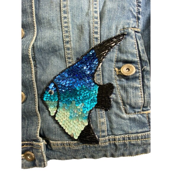 Sonoma Women’s Large Denim Jacket - Custom Sequin Fish Design - Picture 6 of 16